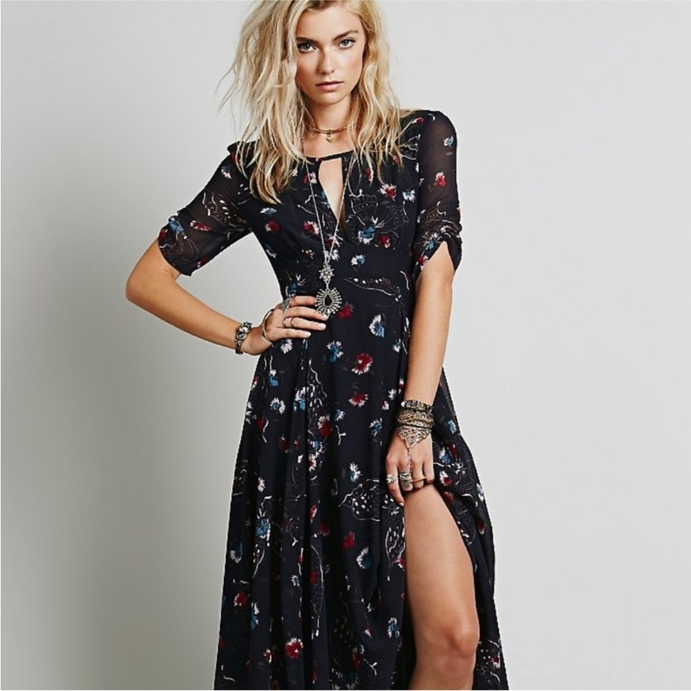 Free People Bonnie Butterfly Dark Gray Floral Chiffon Flouncy Midi Dress NWT